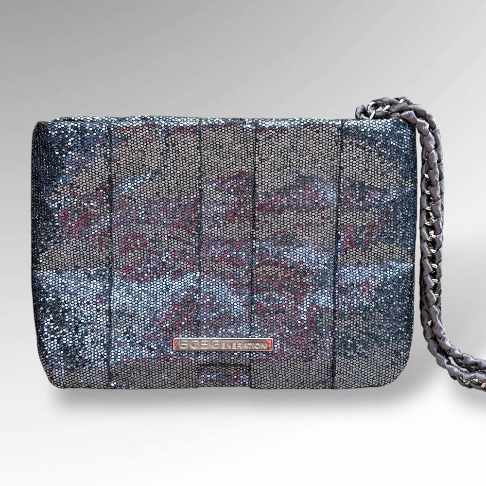 BCBGeneration Women's Silver Glitter Evening Bag Pleated Clutch Wristlet Purse